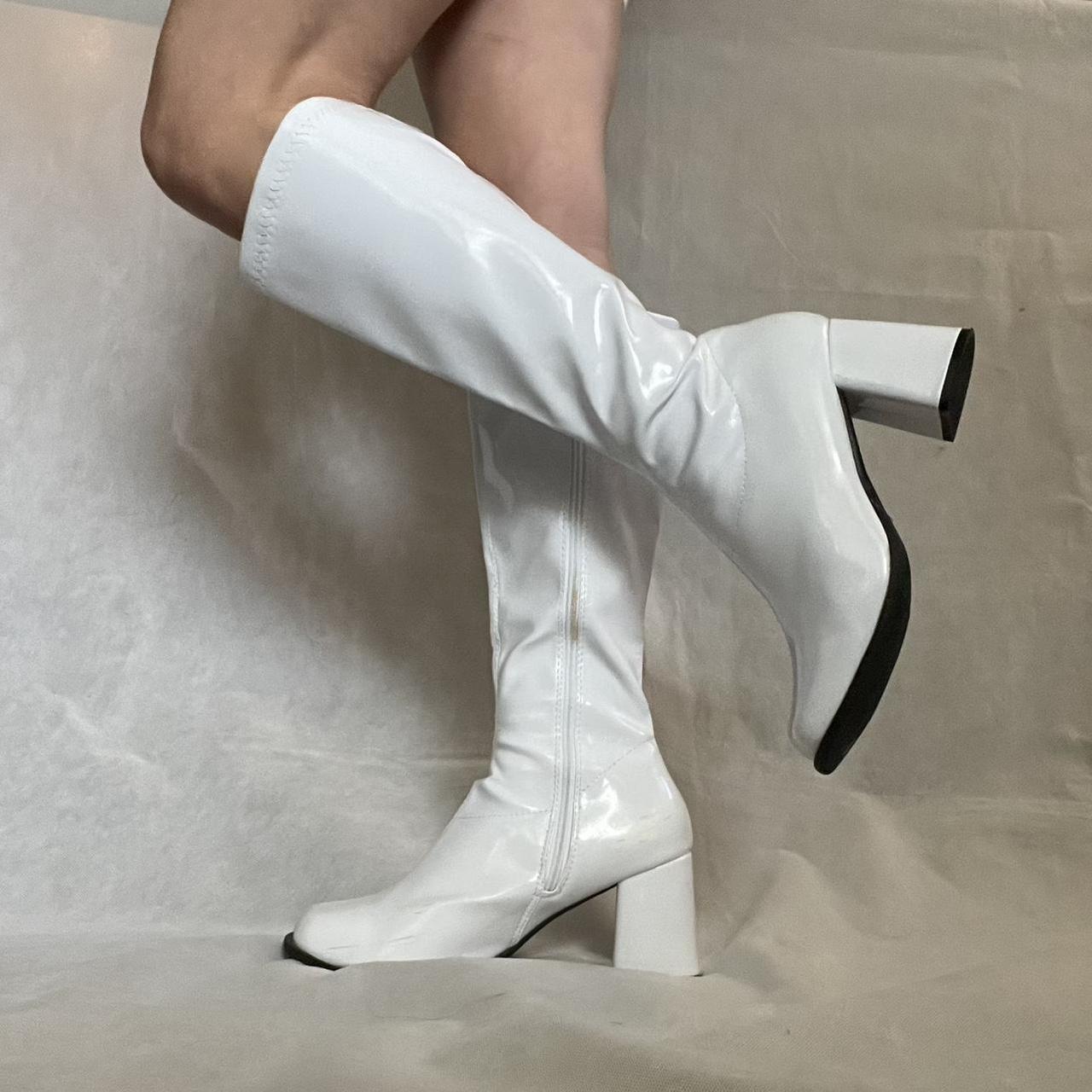 Tall knee high white GoGo boots with chunky heel... - Depop