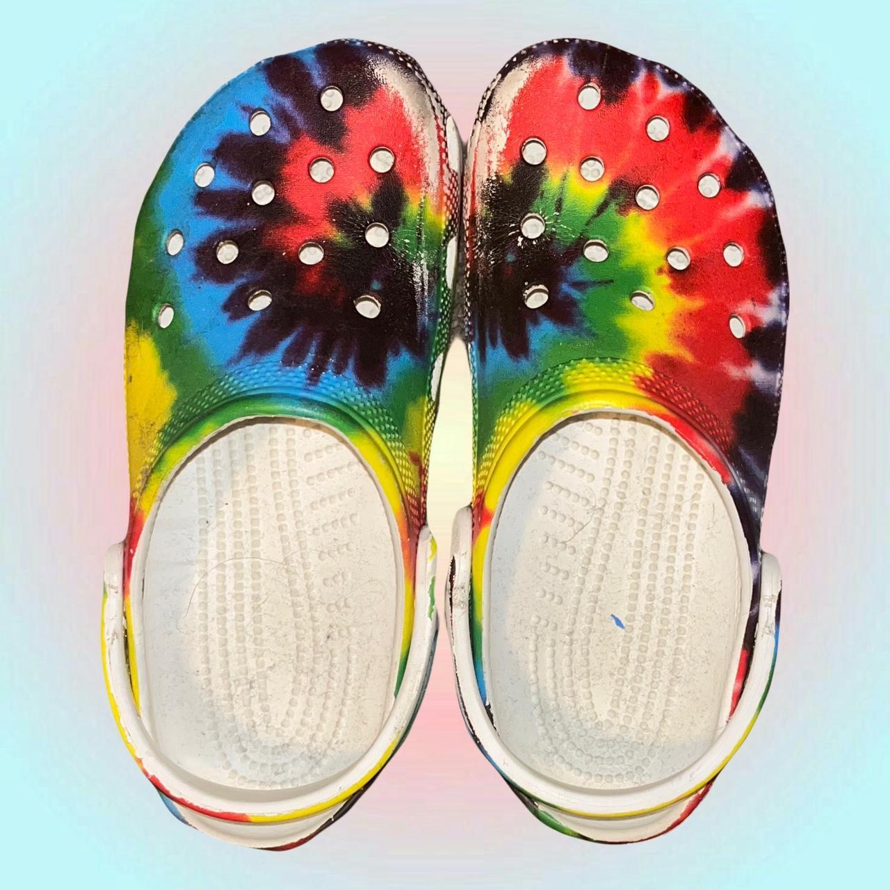 rainbow tie dye crocs men size 6 women size... - Depop