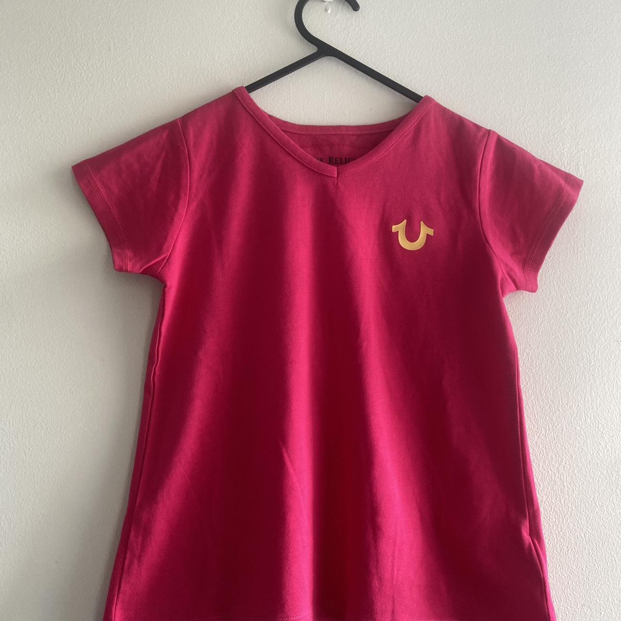 True Religion Women's Red and Gold Tshirt Depop