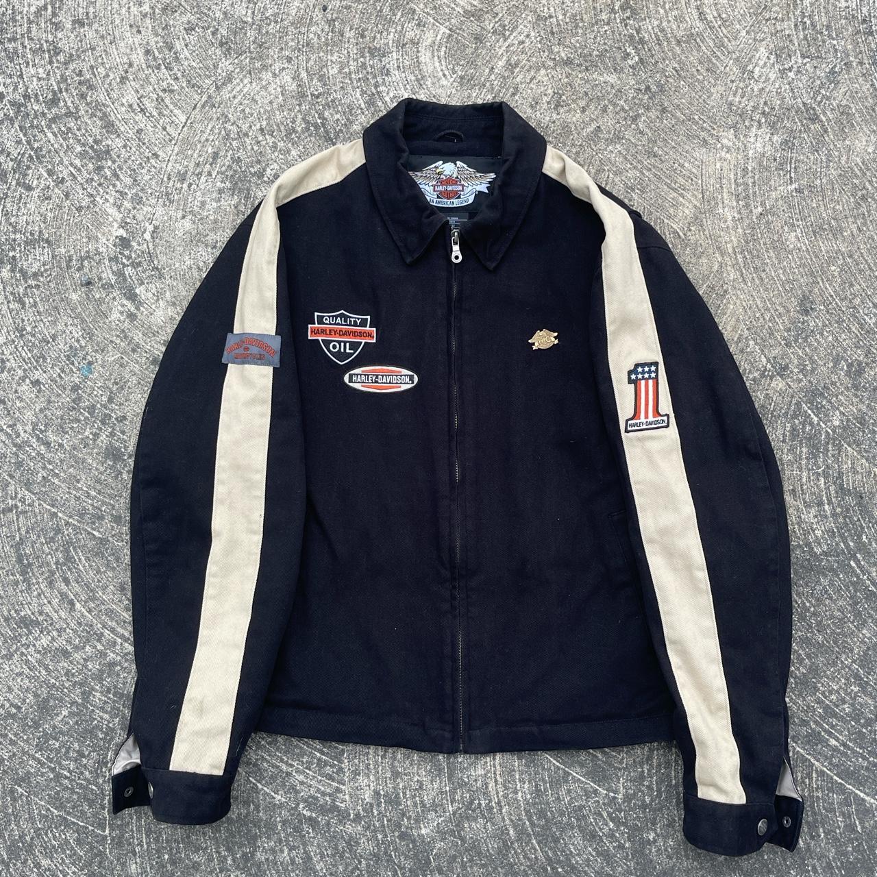 Harley Davidson Men's Black and Cream Jacket | Depop