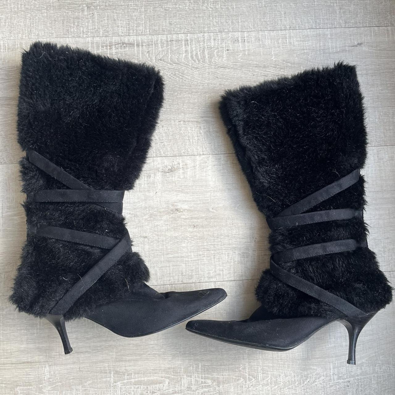 Insane black fur y2k boots Pointy toe boot heels - Depop