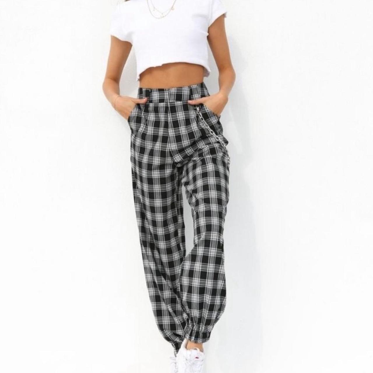 Flared Jeans Plaid Pants With Chain Black White Plaid Pants (Chain