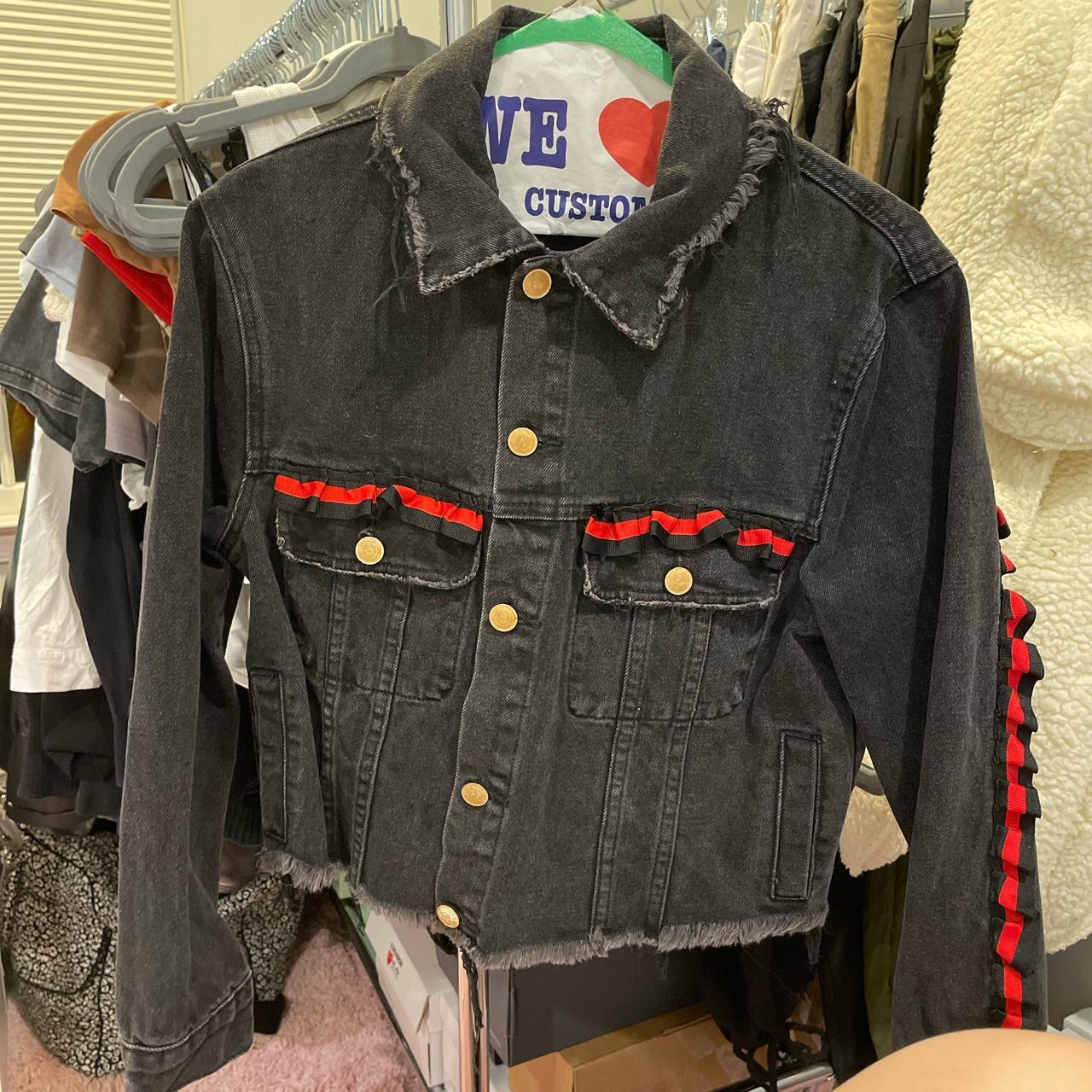 Black jean jacket with red stripes Size small she... Depop