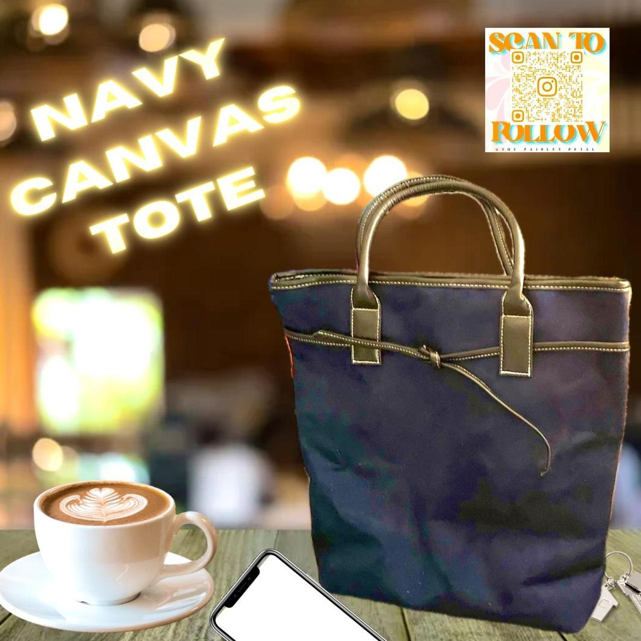 Blue tote bag with brown clearance handles