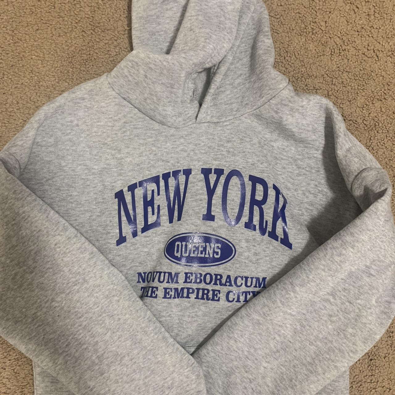 xs grey new york shein hoodie, worn alot but no... - Depop