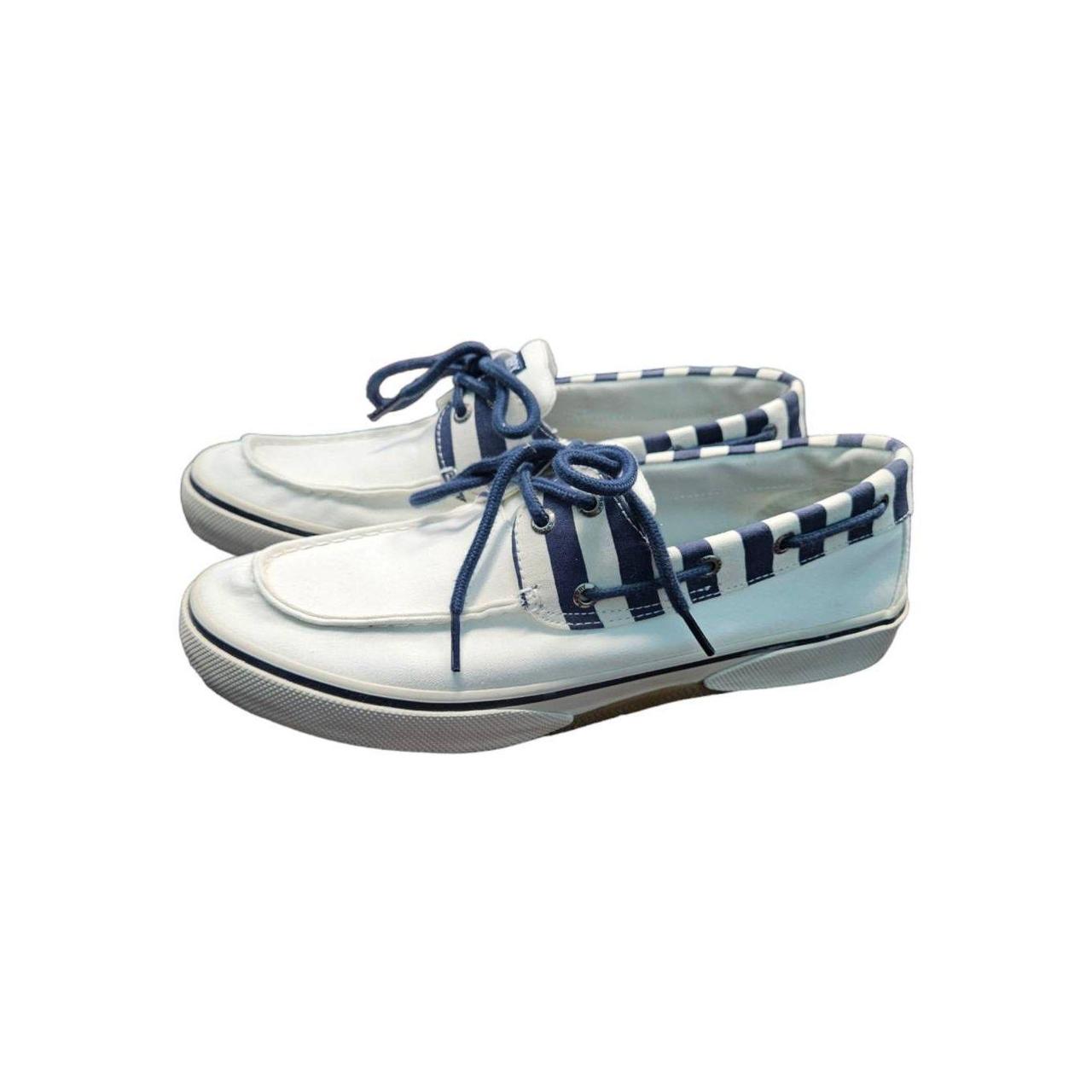 Blue and store white striped sperrys