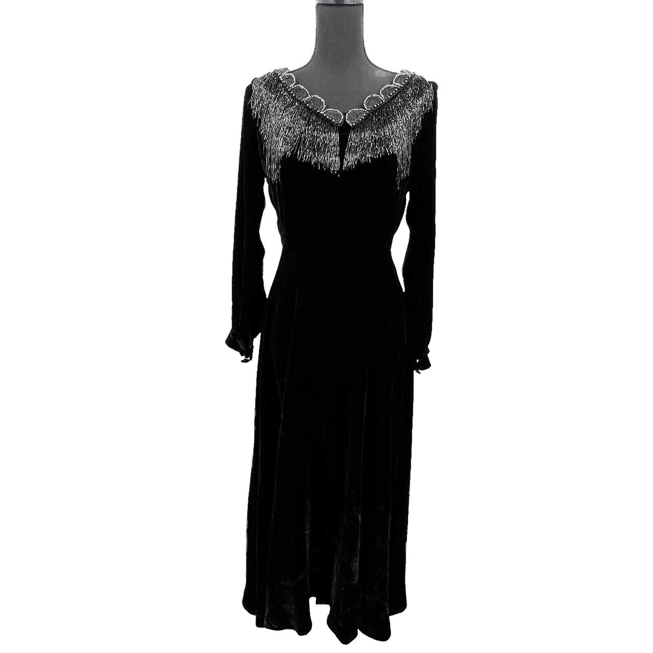 J Peterman Black Velvet Beaded Maxi Dress Holiday... - Depop