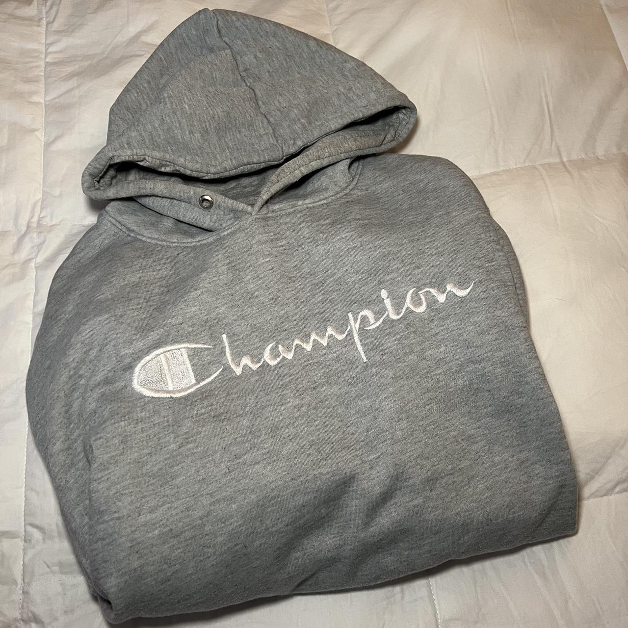 Gray champion hoodie - size XL - small stain shown... - Depop