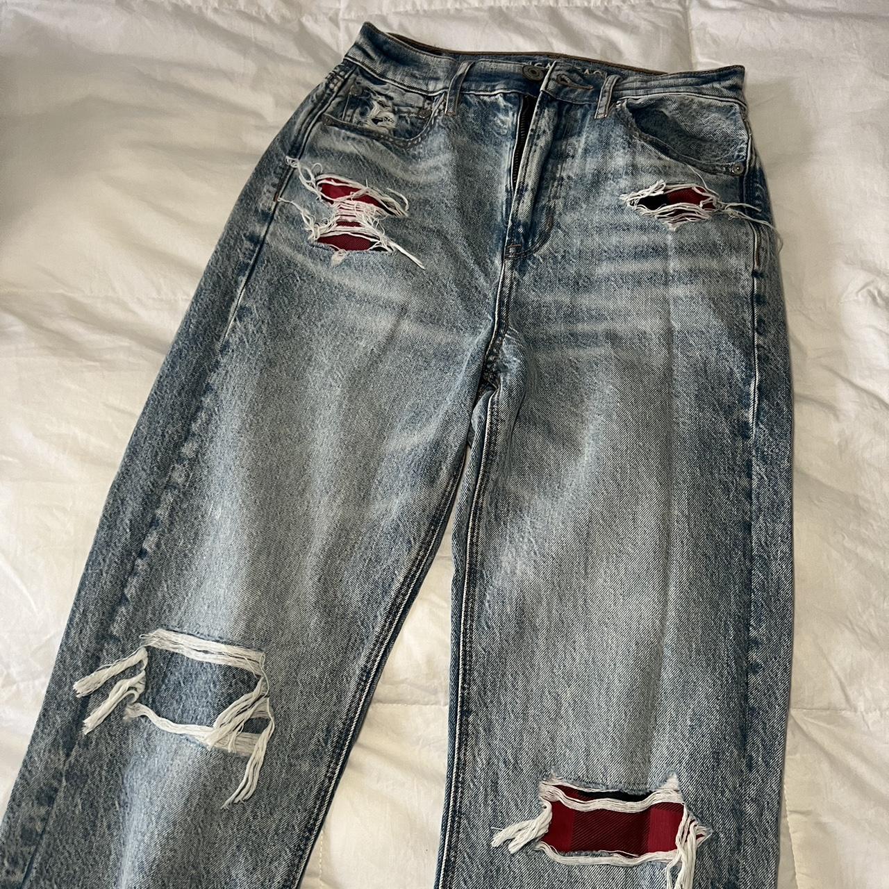 American eagle women’s ripped jeans with detail -... - Depop