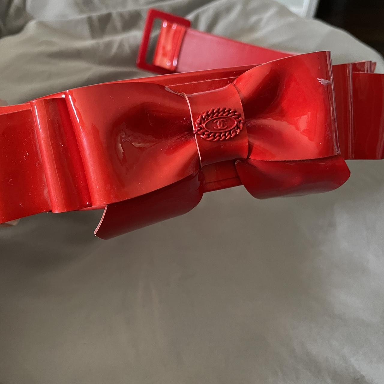 Chanel patent leather red belt with bowtie. Fastens... - Depop