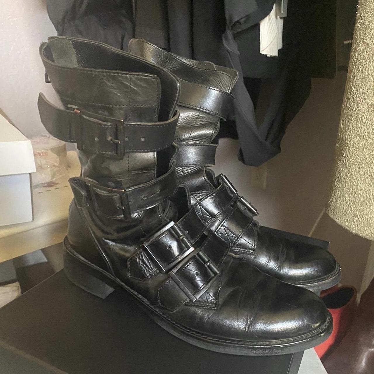 yohji yamamoto black leather moto buckle boots.... - Depop