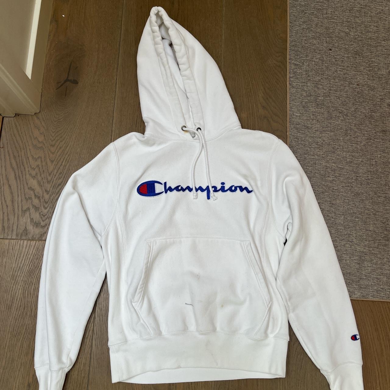 Champion Men's White and Blue Hoodie | Depop