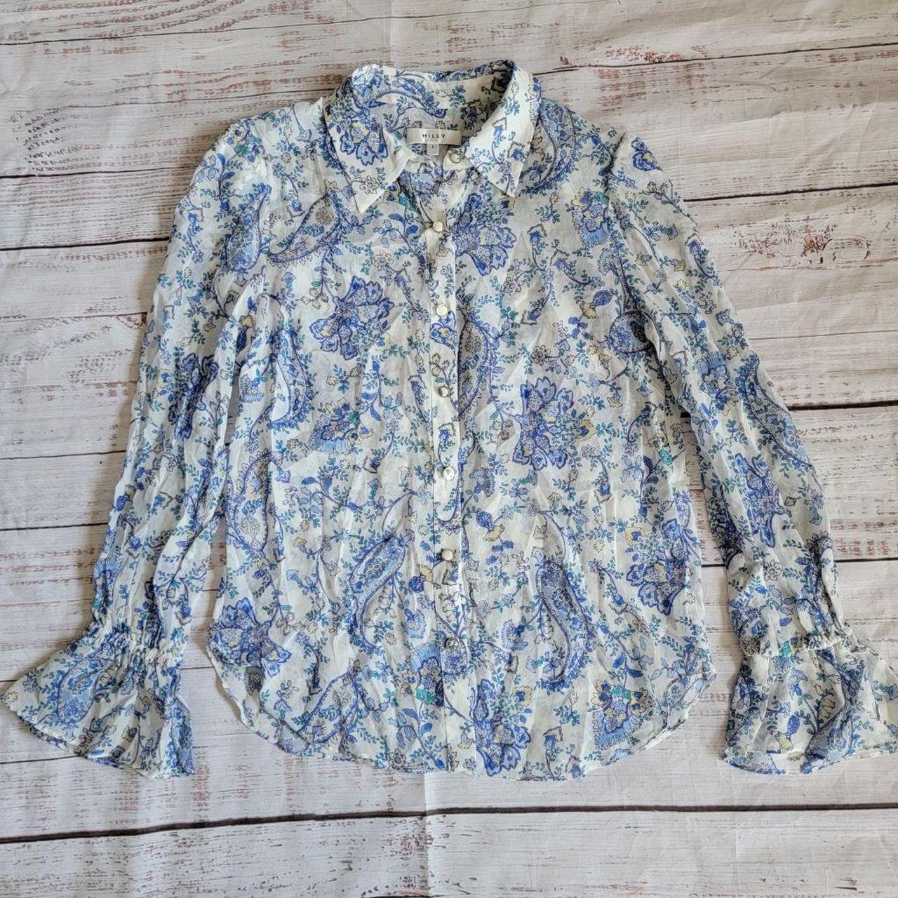 Milly Women's Shirt - White/Blue - S – Milly blouse. Blue floral print on white …