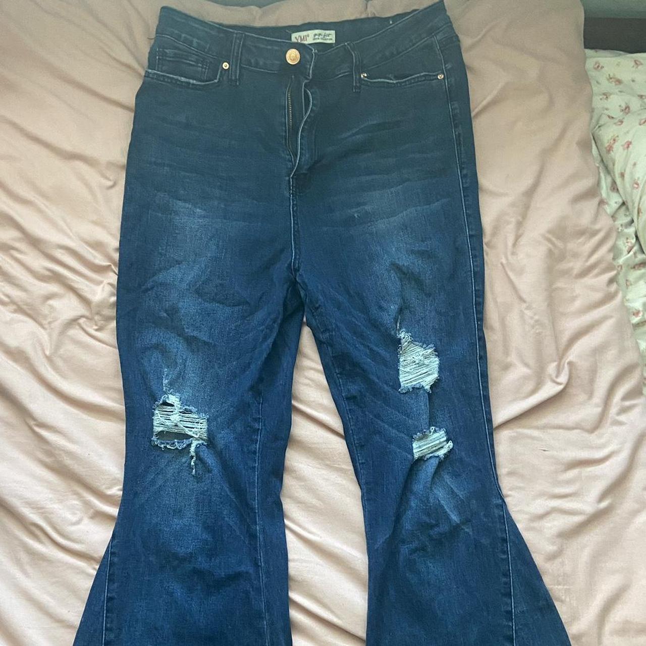 distressed high waisted flared blue jeans **NO... - Depop