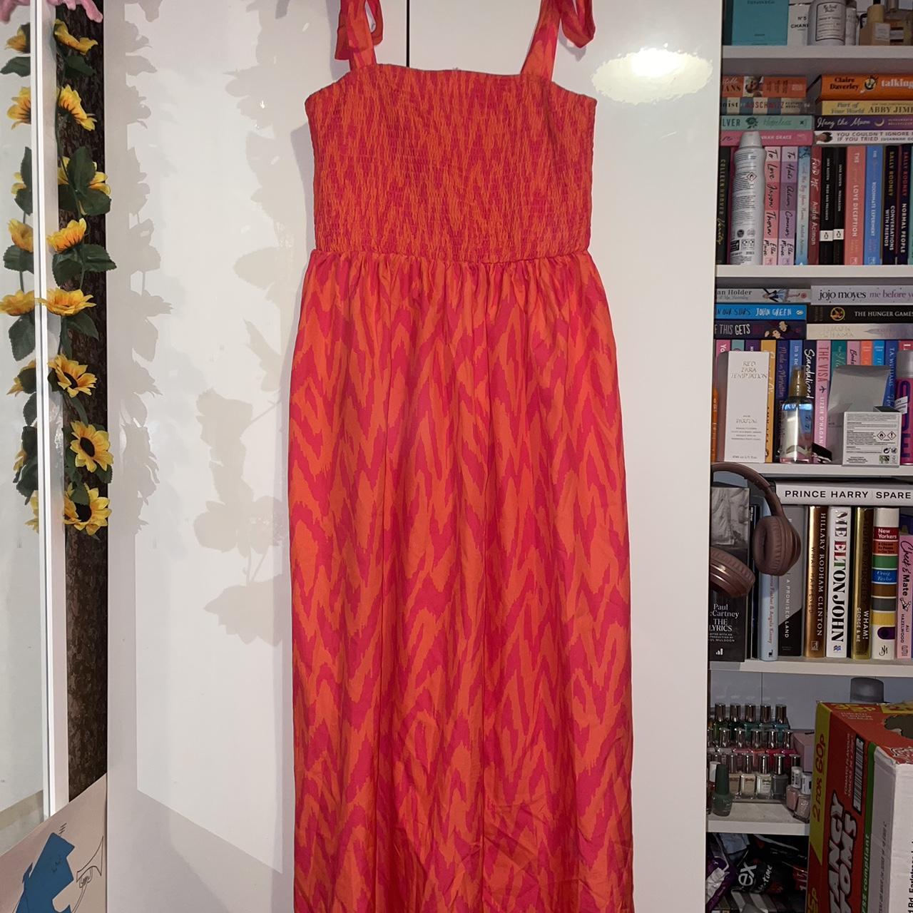 Pink and orange maxi dress with tie bow shoulder... - Depop