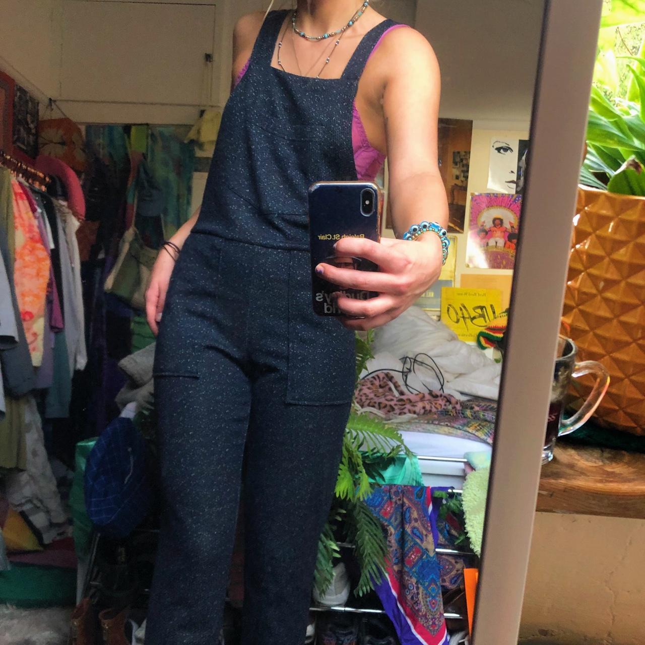 Navy painted jumpsuit square neck strappy fit shown... Depop