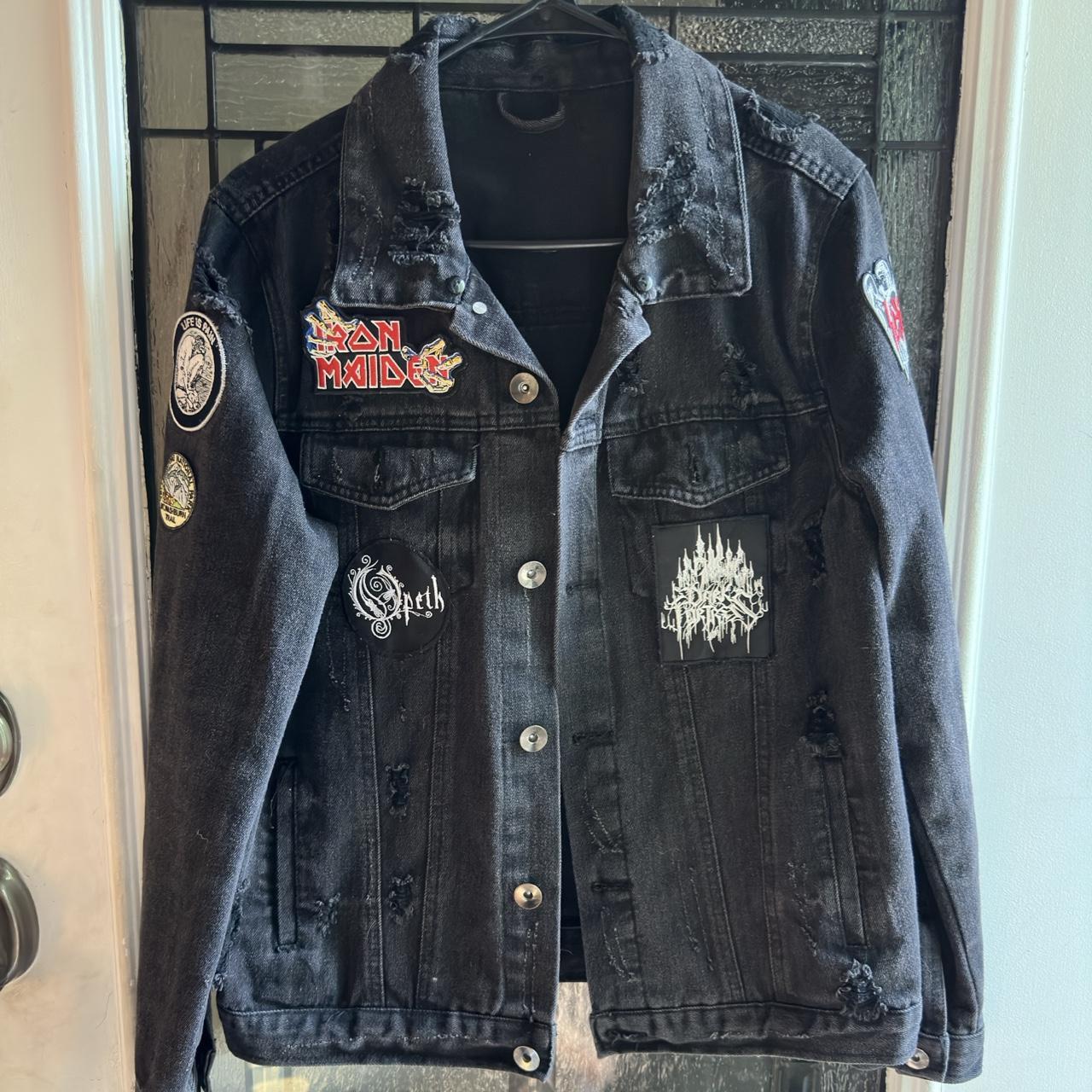 Black denim jacket with patches best sale