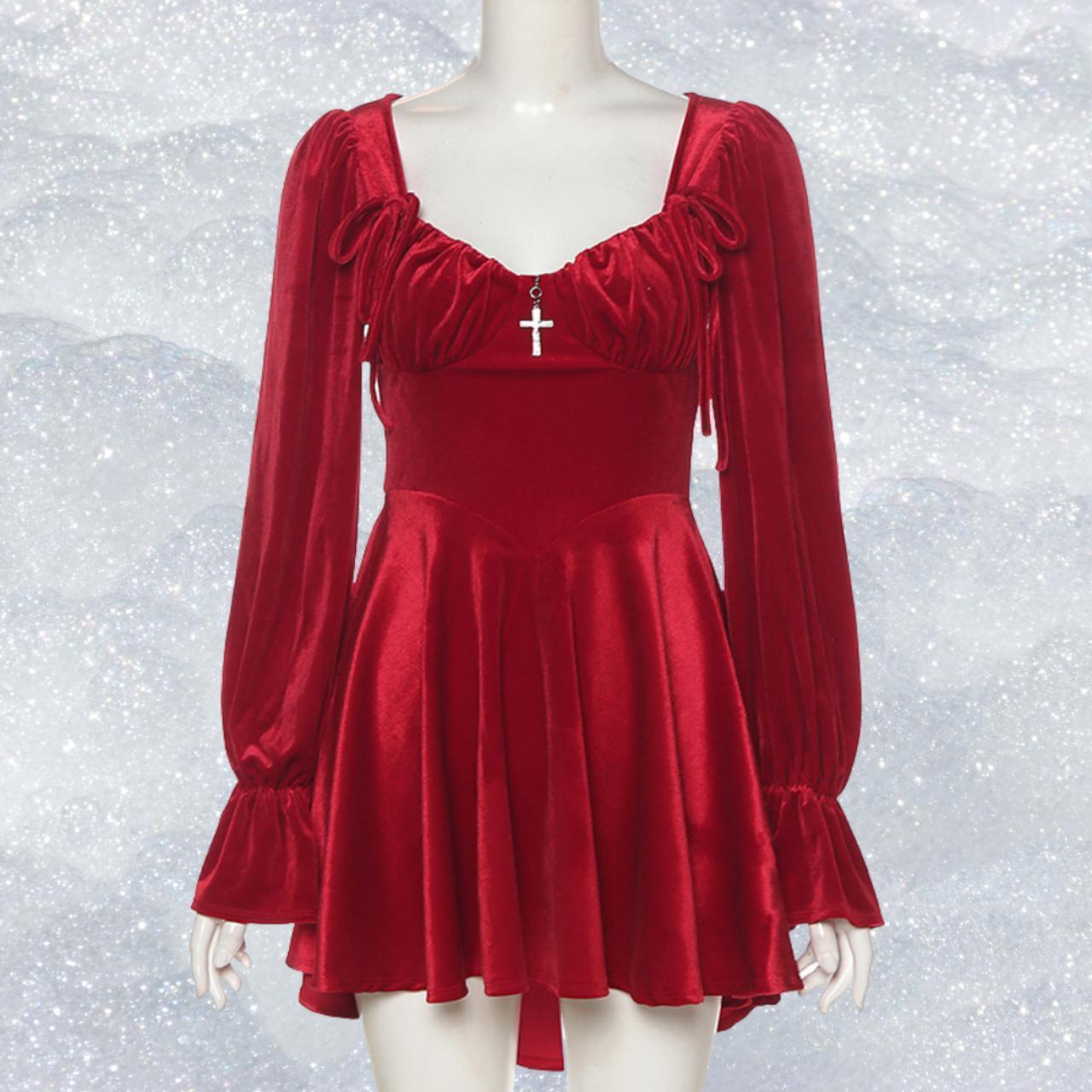 Red velvet mini dress, elegant square collar lace up... - Depop