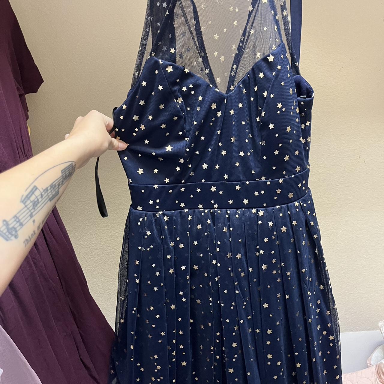 B Darlin Women's Blue And Gold Dress | Depop