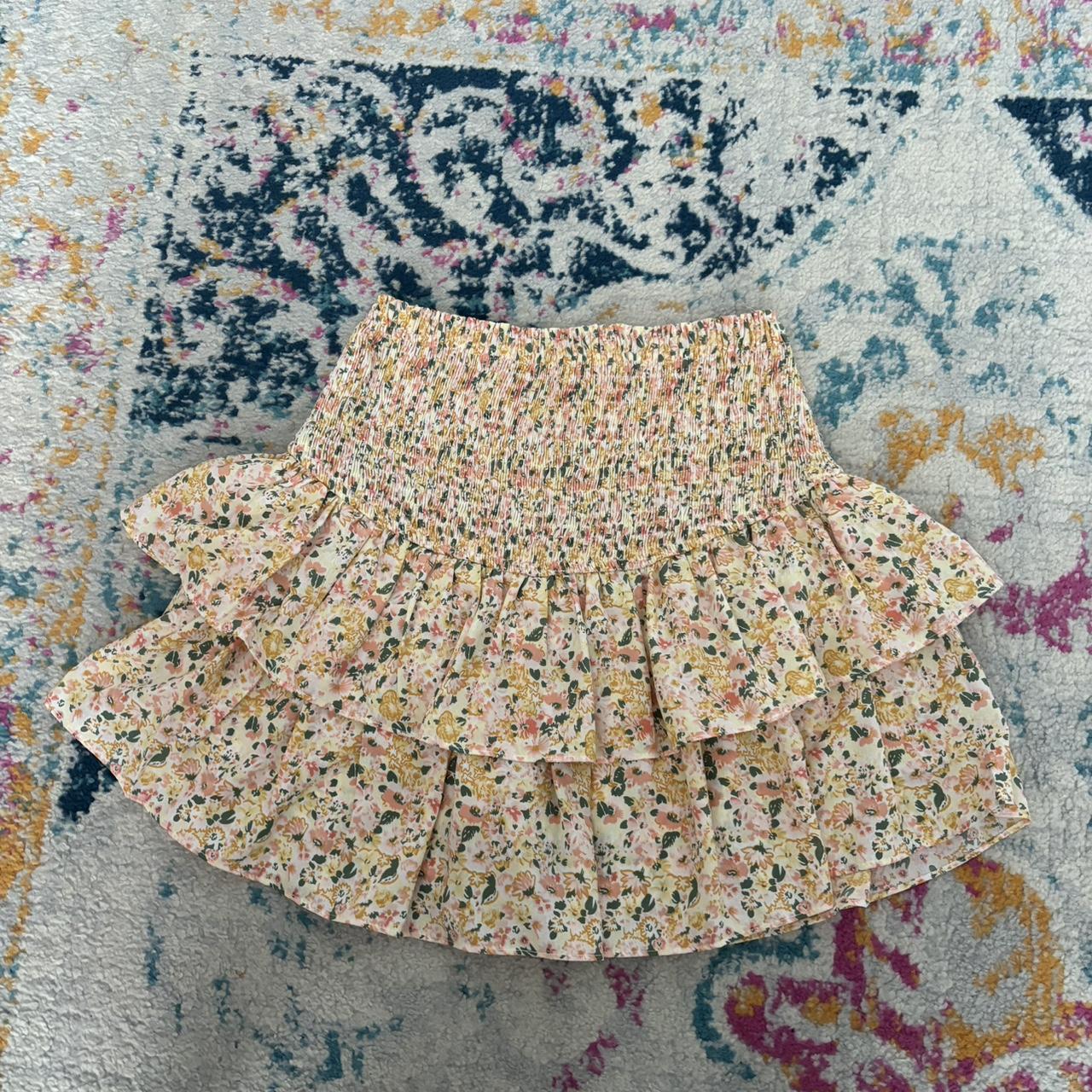 Entro Ruffle Skirt pink, yellow, green floral size... - Depop