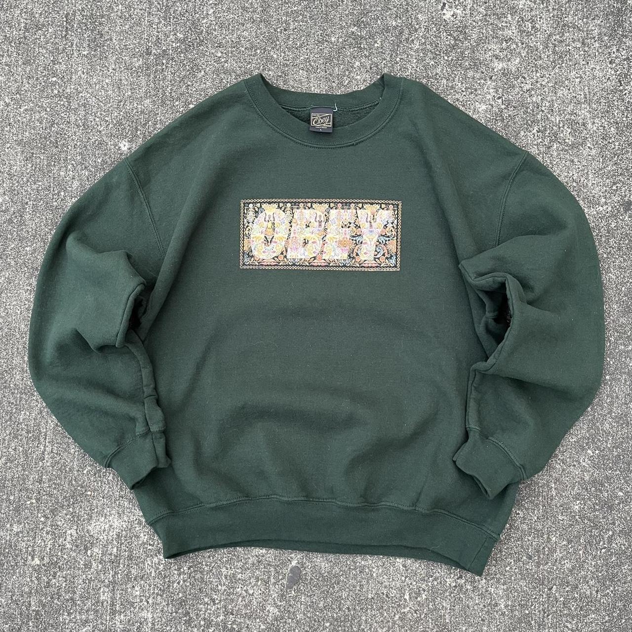 Y2K Forest Green Obey Box Logo Sweatshirt Size:... - Depop