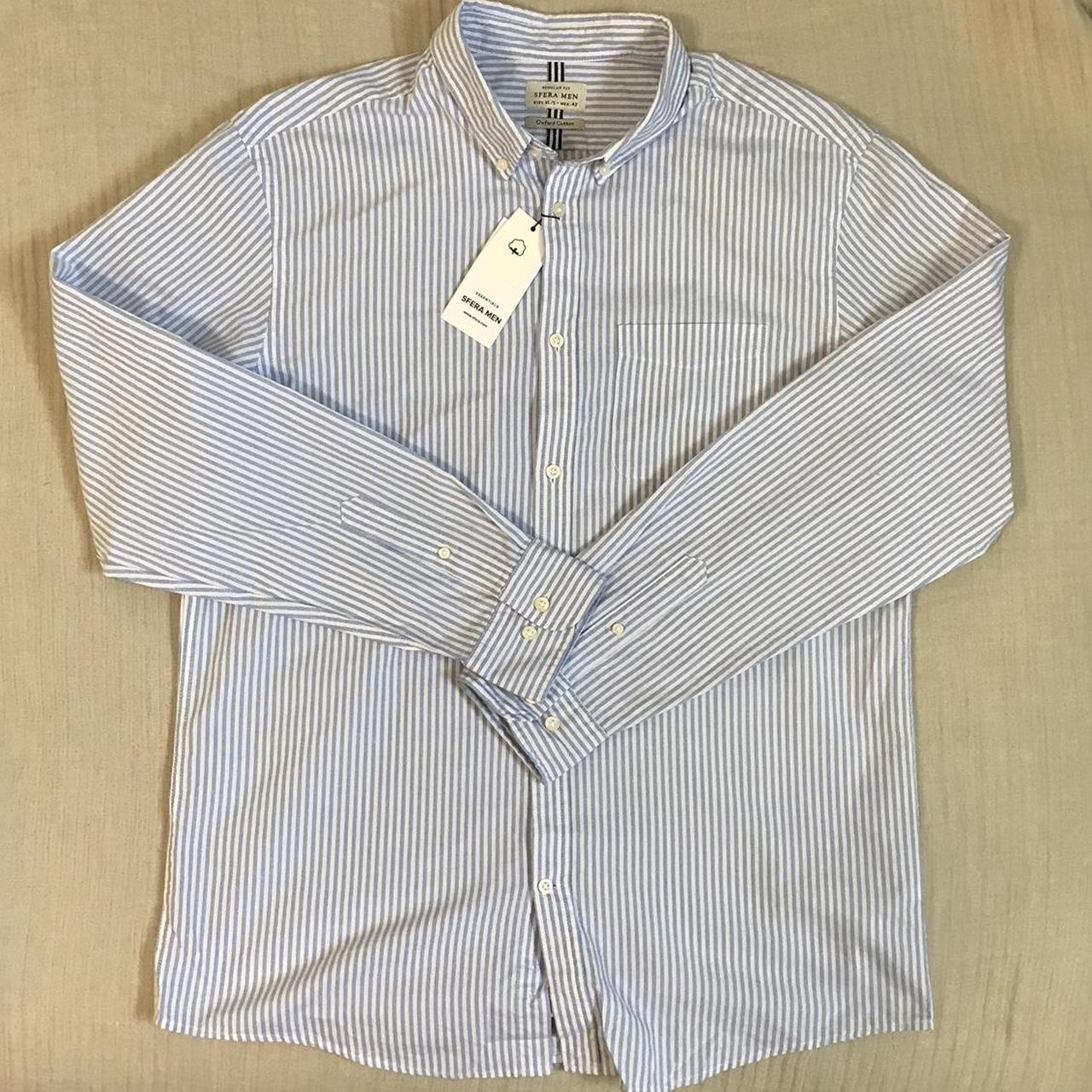 Sfera Men blue and white bengal stripe oxford button... - Depop