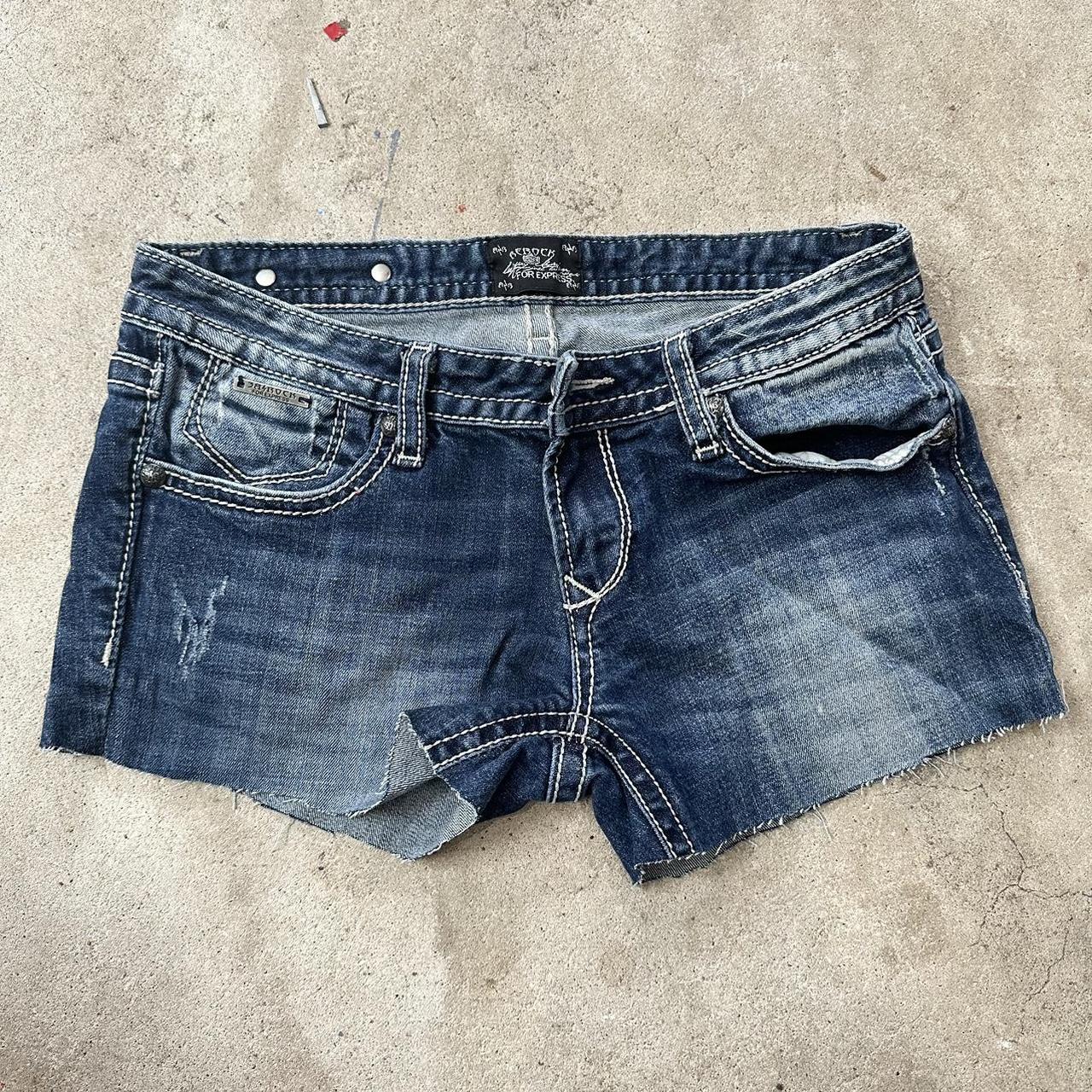 Low rise Dark Wash Denim Shorts with White Stitching... - Depop