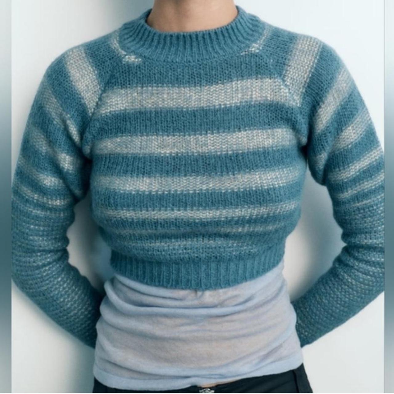 zara blue and white striped double knit cropped | Depop