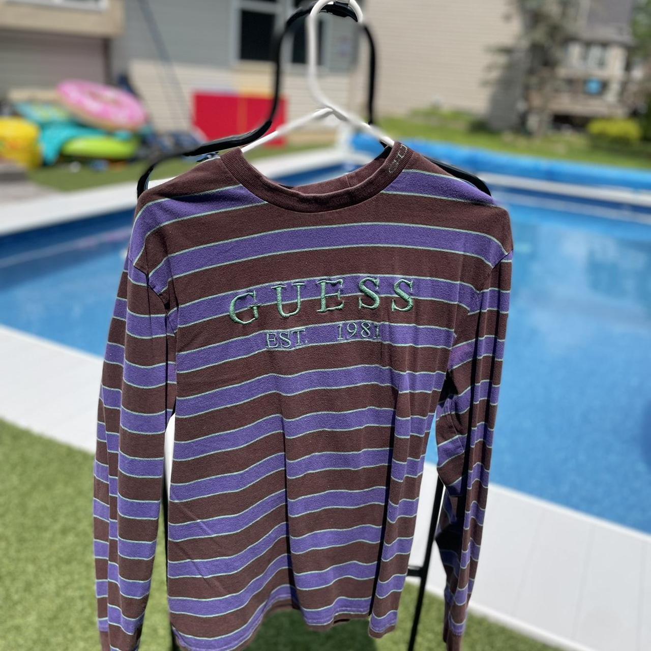 Guess green purple and brown striped shirt