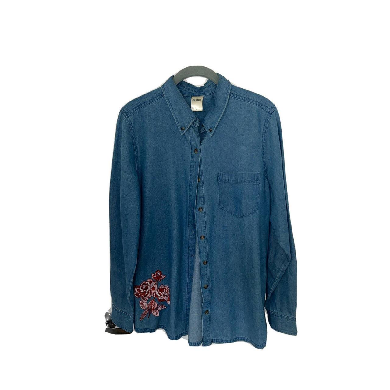 Blair Women’s Denim Long Sleeve Shirt With Flower... - Depop