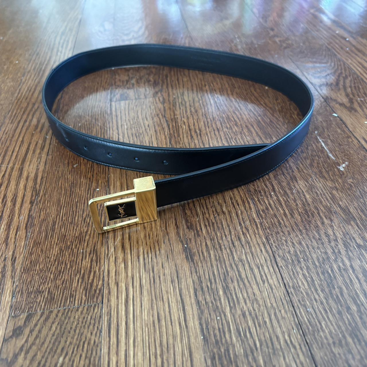 Saint Laurent Brown Leather Belt with logo plaque store buckle