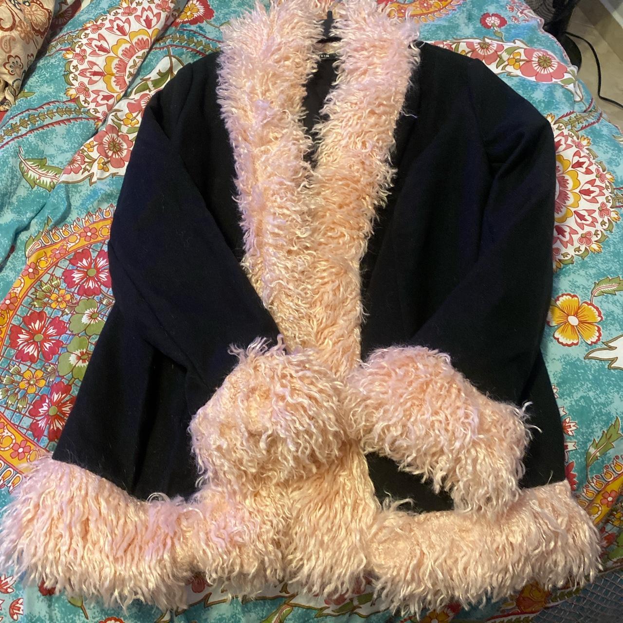 Pink fur trim coat. Such a fabulous and chic coat.... Depop