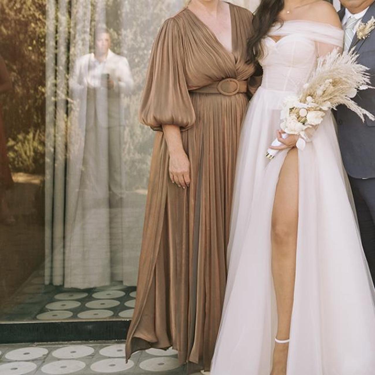 Costarellos - Brennie Lurex Georgette Bronze Maxi | Depop