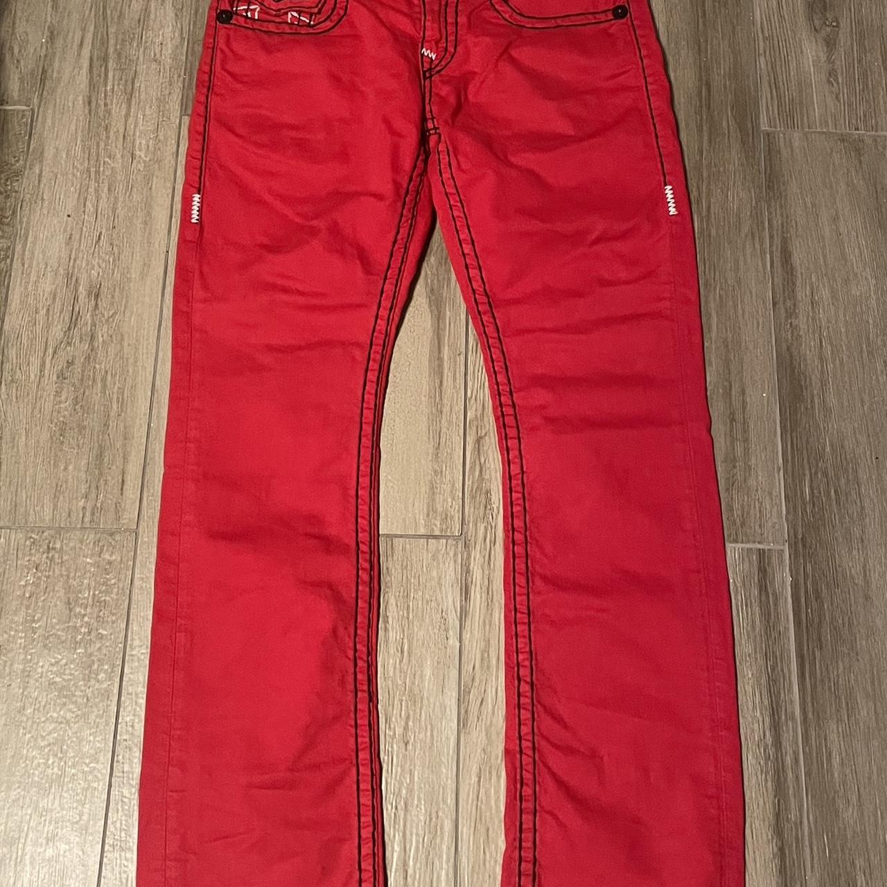 size 30 red trueys black and white stitching little... - Depop
