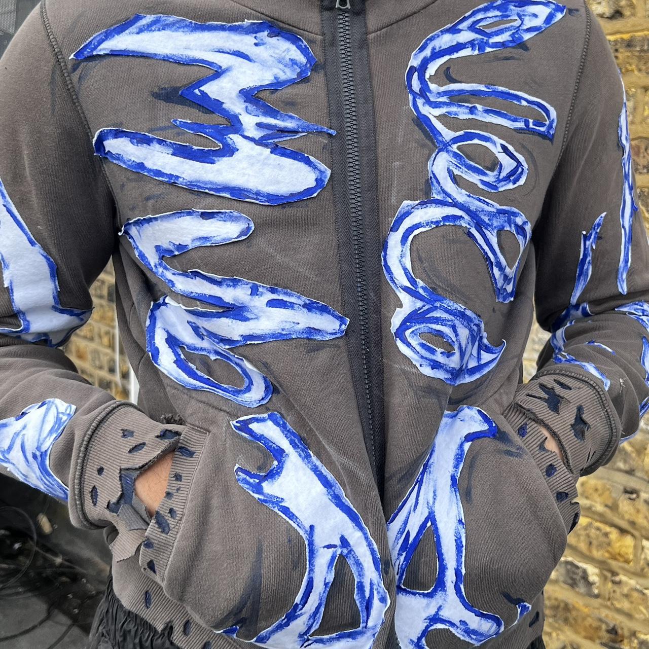 Reworked zip up hoodie in khaki with hand painted... - Depop