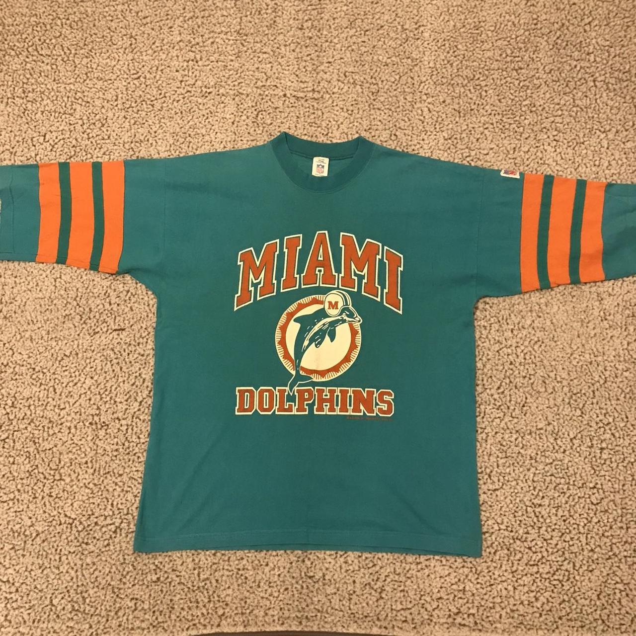 1990 Miami Dolphins Shirt Size XL Oversized sleeves... - Depop