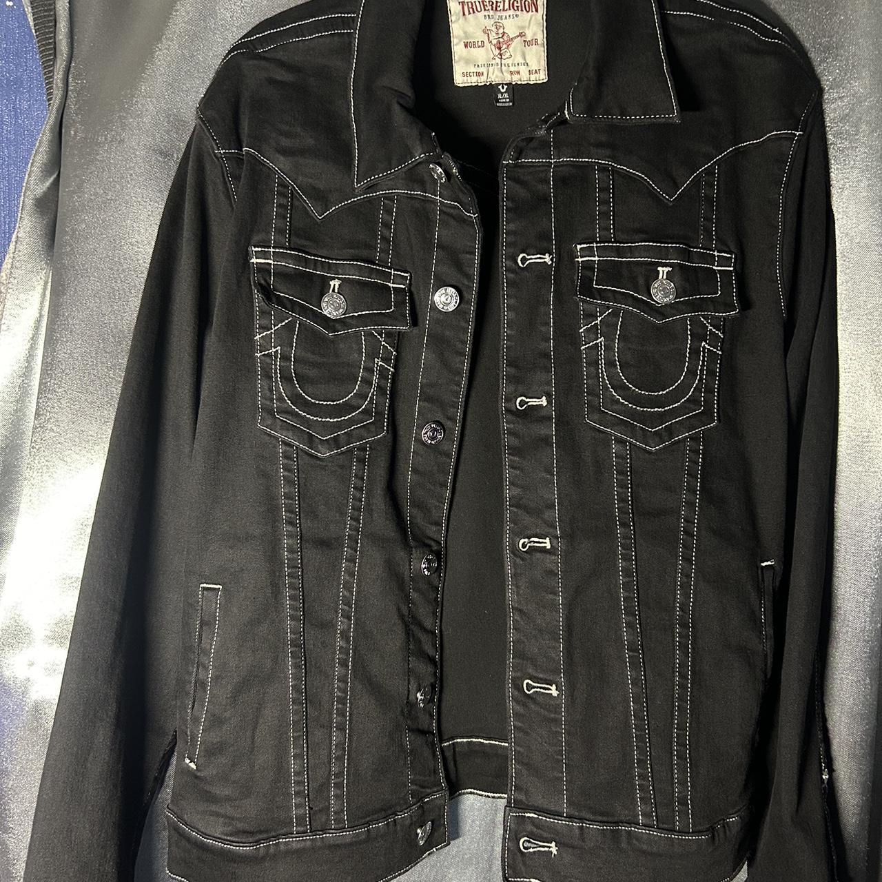 True Religion black denim jacket with white... - Depop