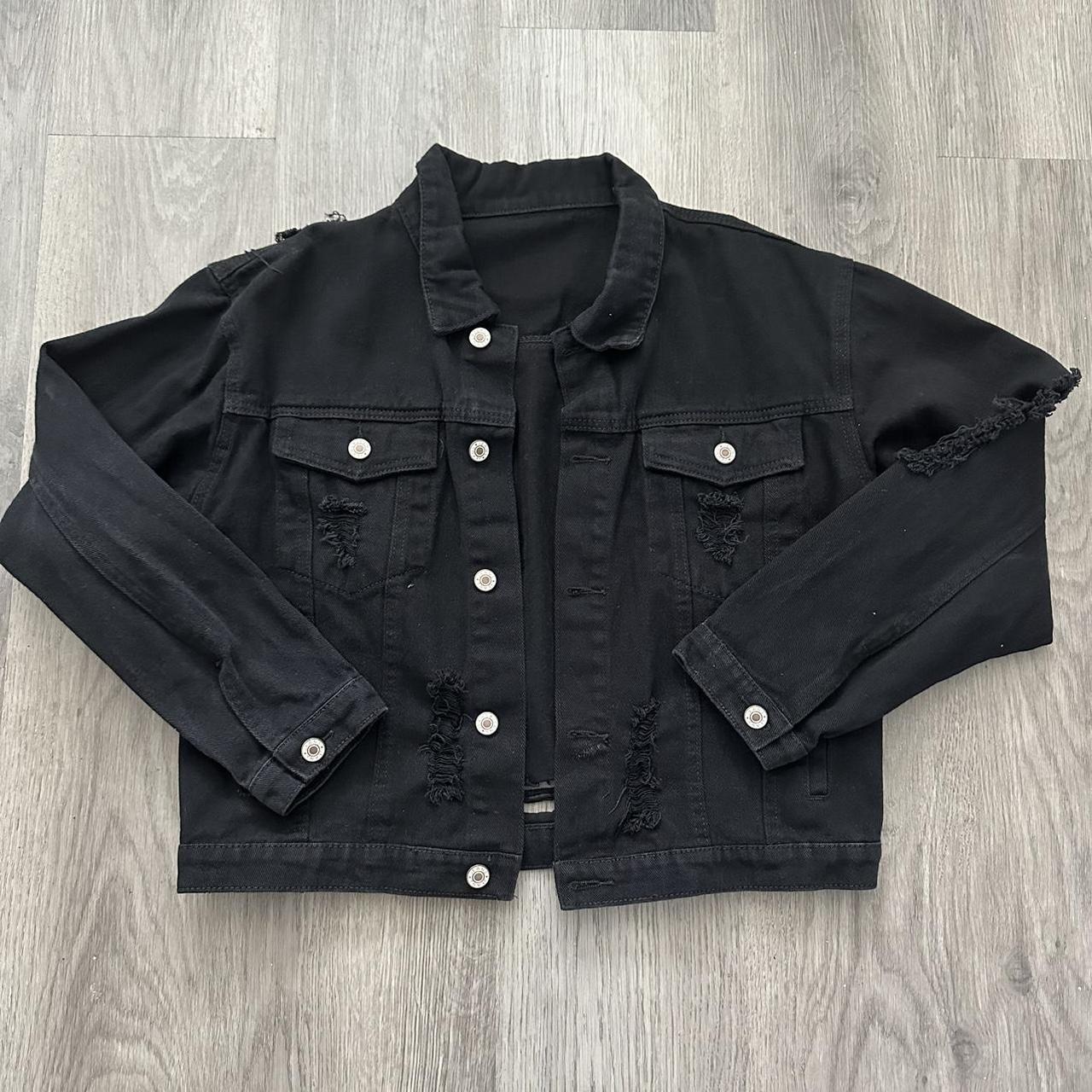 black distressed jean jacket (no pockets) size... Depop