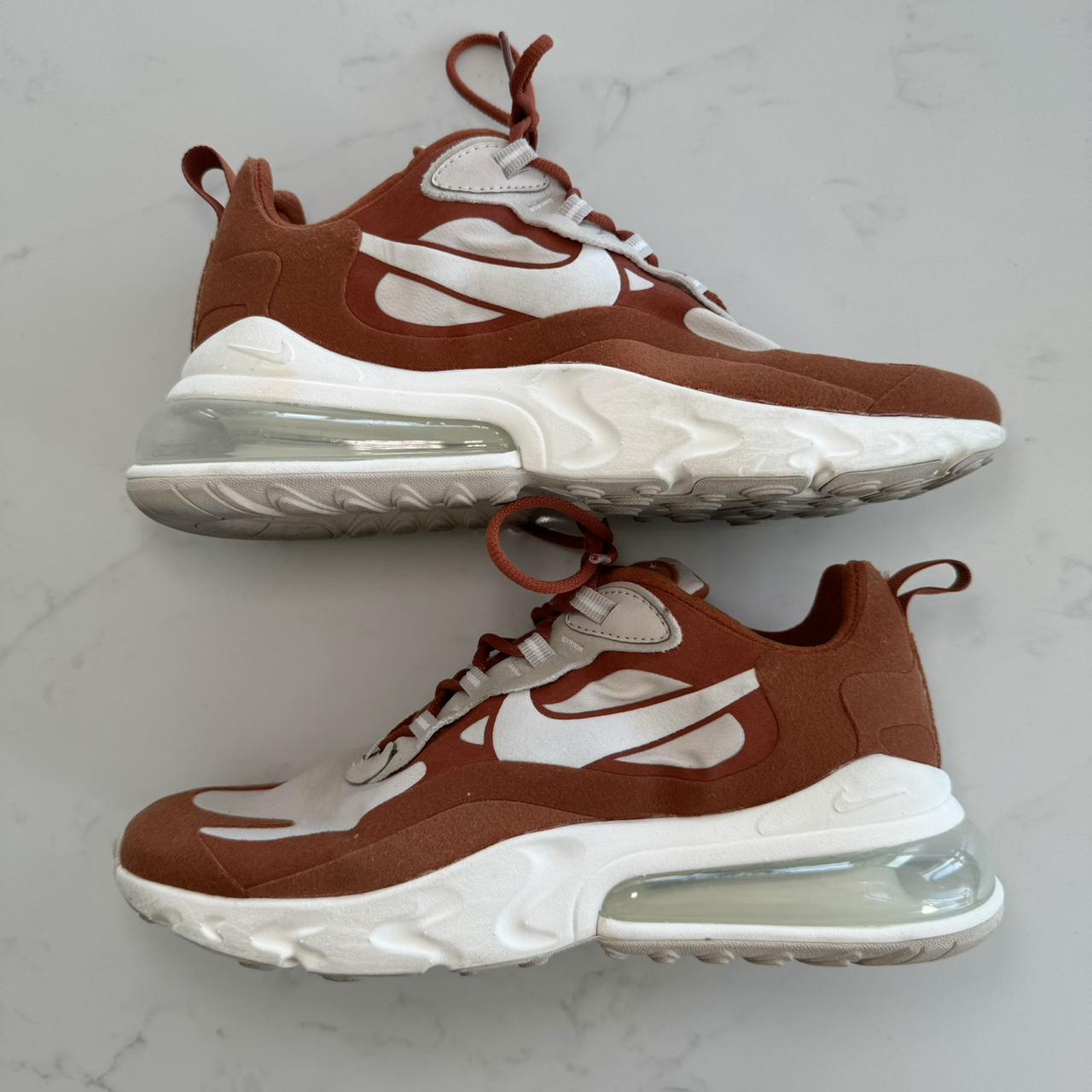 Nike Air Max 270 React trainers in cream and burnt. Depop