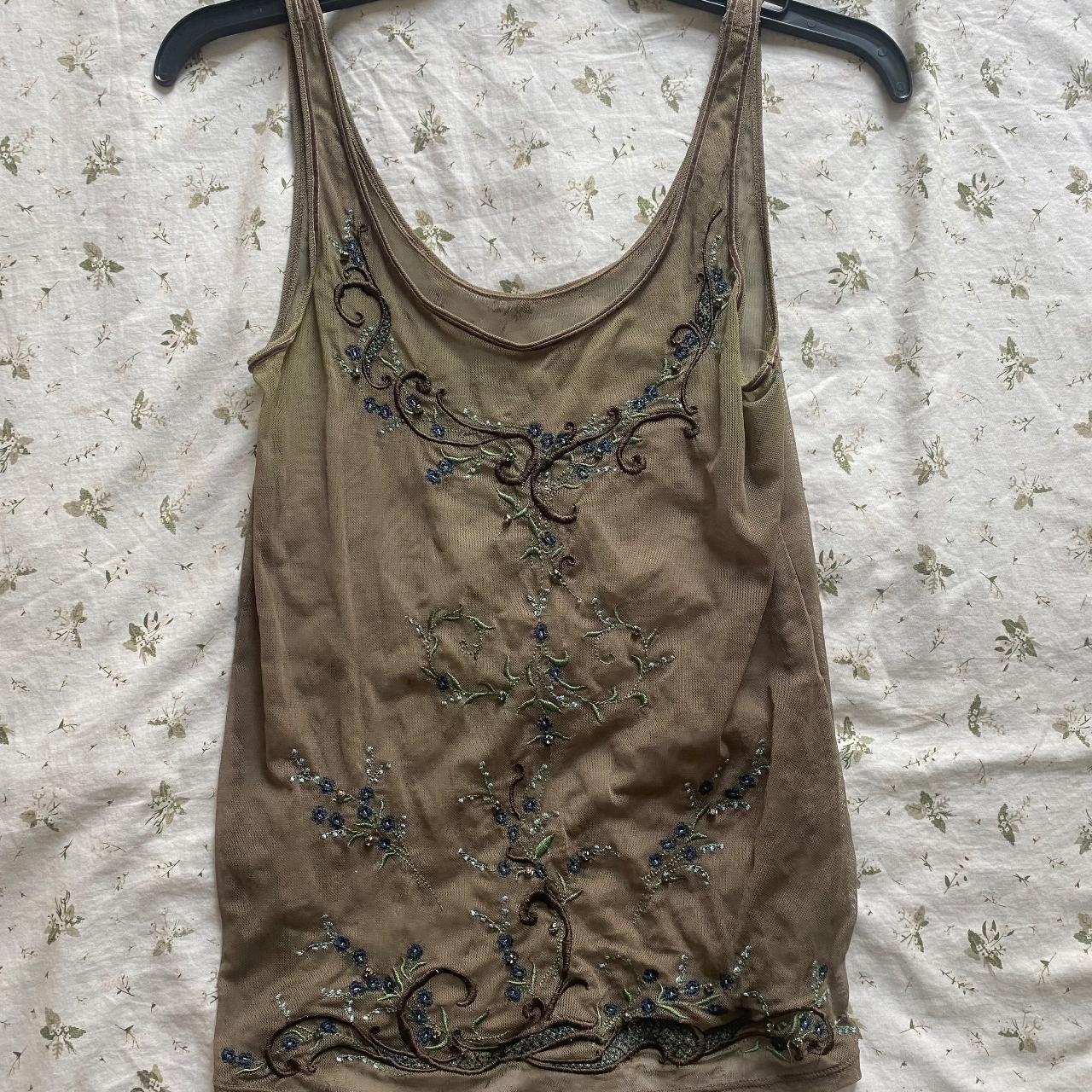 Unique 90s vintage green mesh top with beading... - Depop