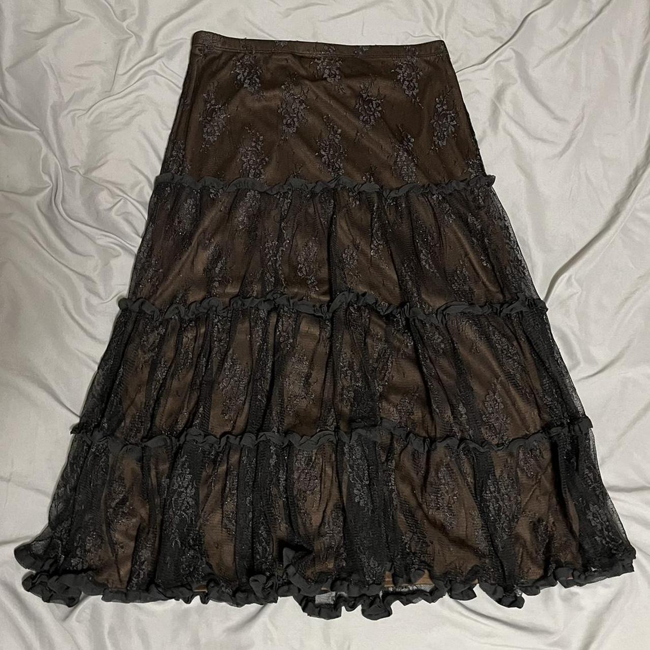 VINTAGE ️brown n black laced midi skirt ️ the cutest... - Depop
