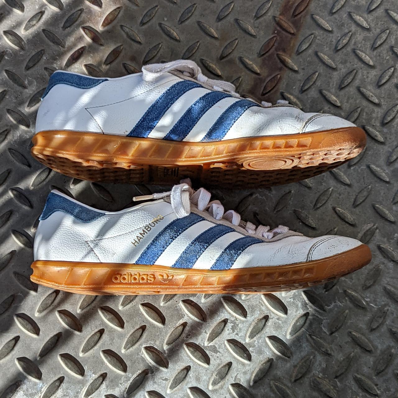 Adidas Hamburg White and Blue Men's size 9 Leather... - Depop