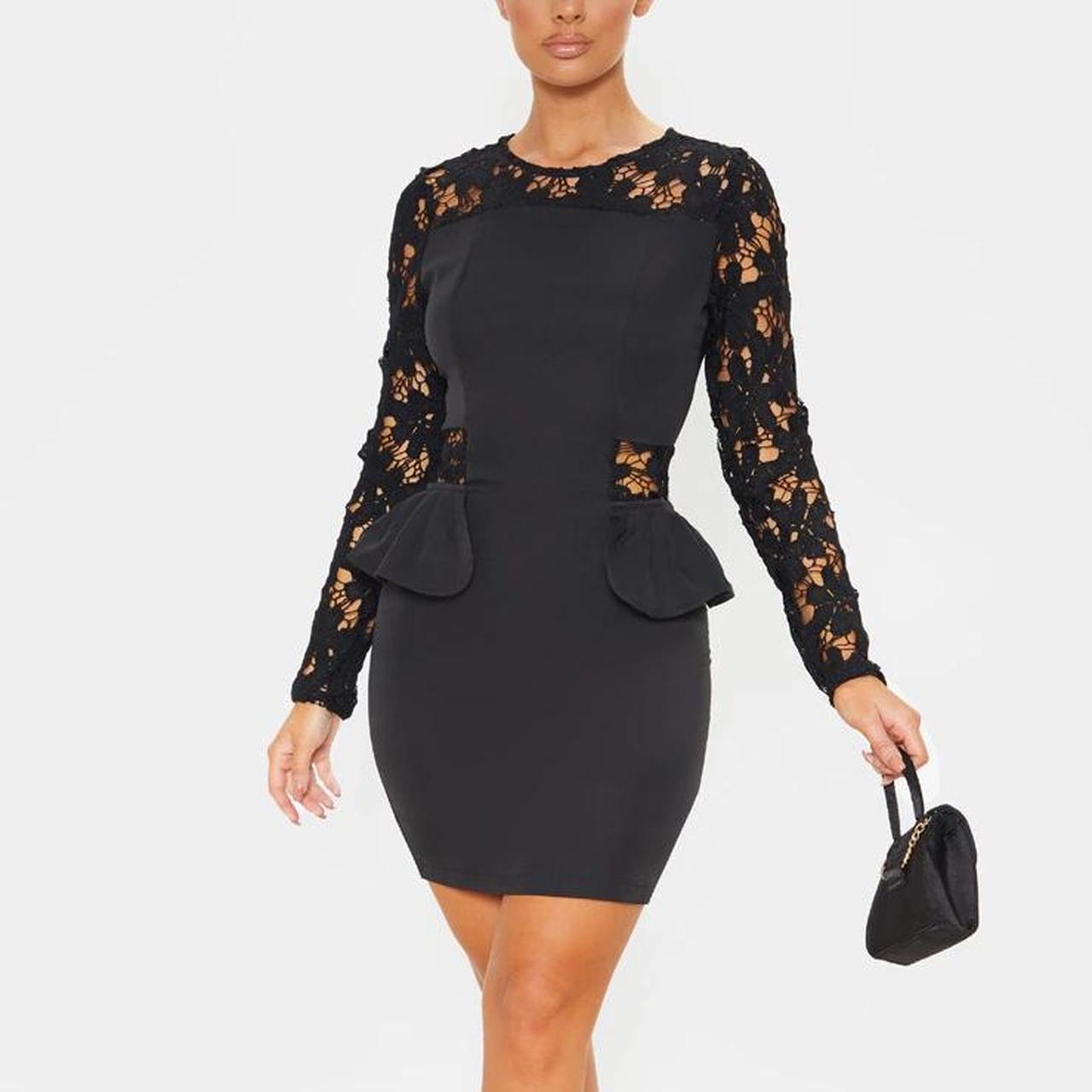 Prettylittlething black lace peplum mini dress Depop