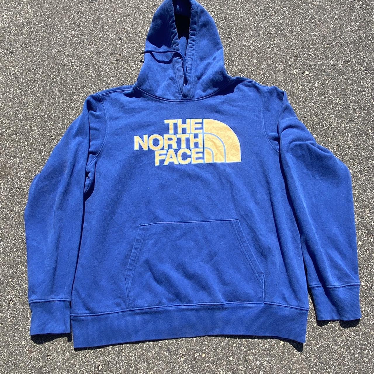 The North Face Men's Blue and Yellow Hoodie Depop