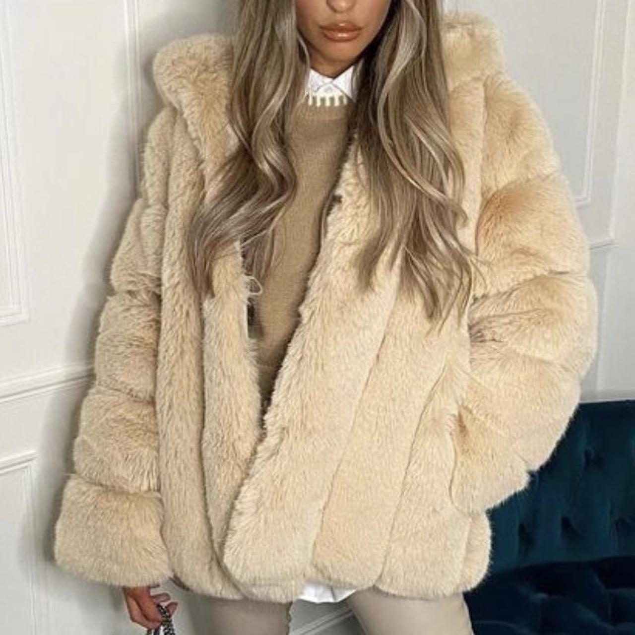 Beige / Stone faux fur hooded coat. So heavy, fury... - Depop