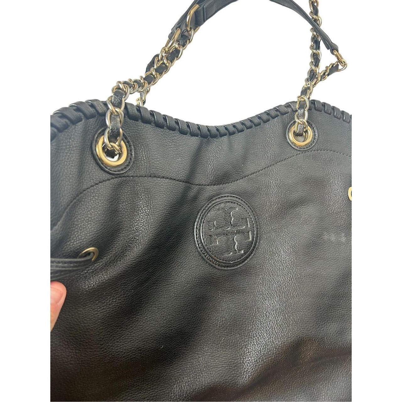 Tory Burch Marion Slouchy Tote Leather Bag Chain/ Woven Leather Strap Black