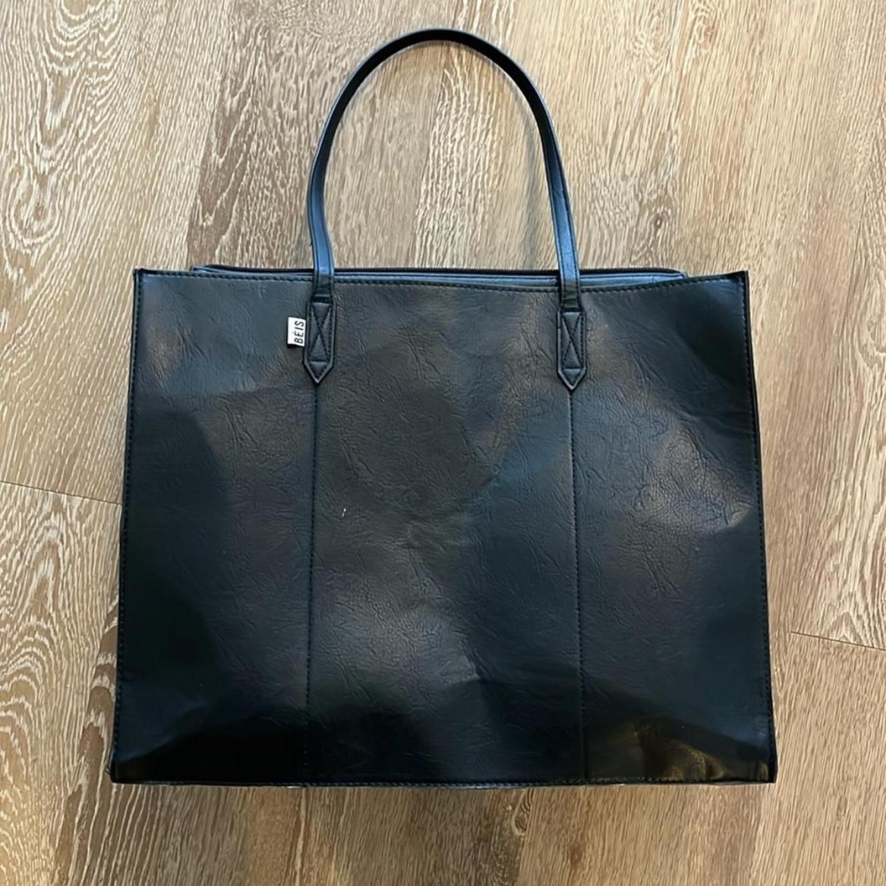 Beis Women Black Tote Bag BEIS Work Tote Large, Black Leather With