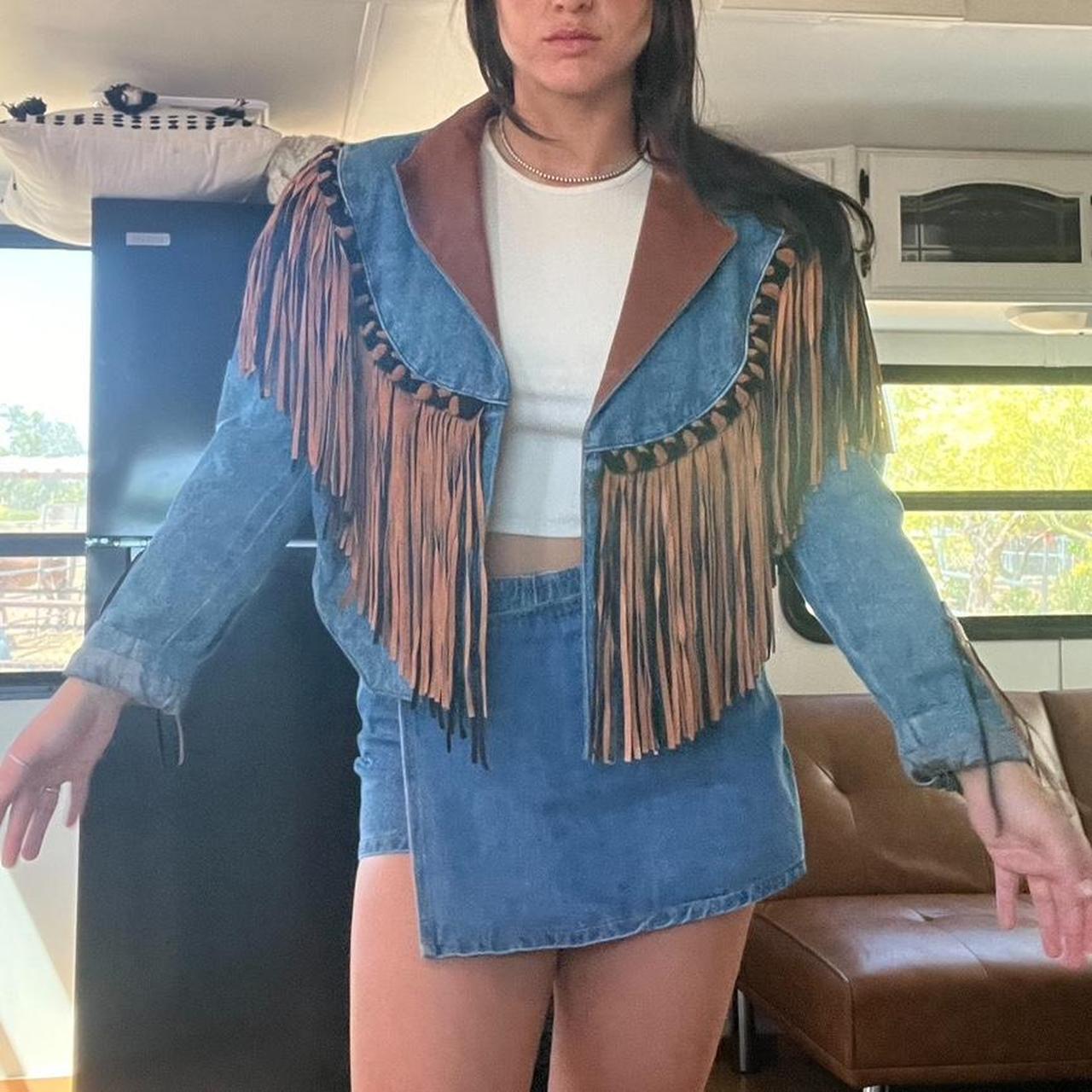 Diamond fringe denim jacket best sale