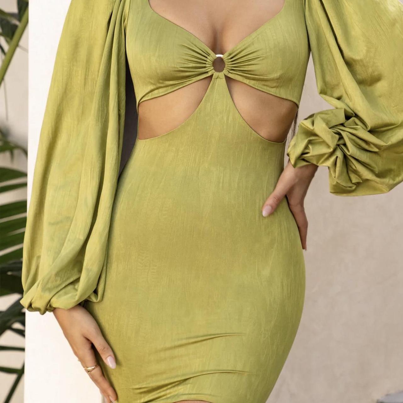 Oh Polly Women's Green and Khaki Dress Depop