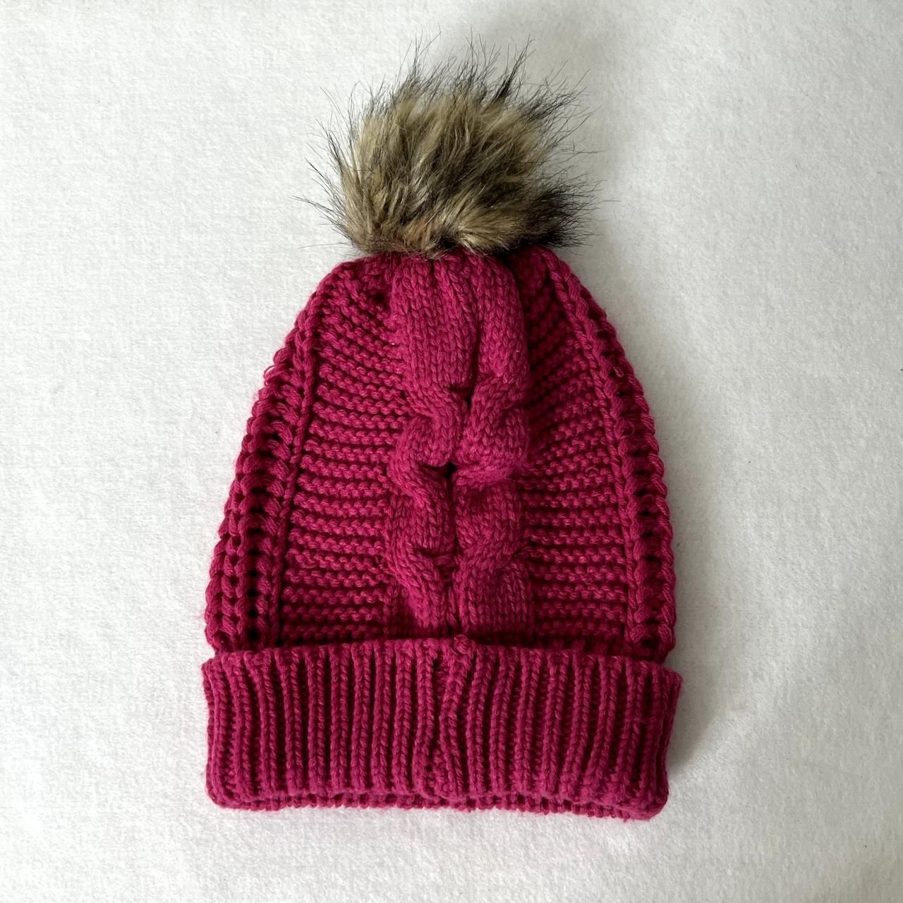 Pink Knitted Fuzzy Pom Pom Winter Beanie Hat, - Main Image